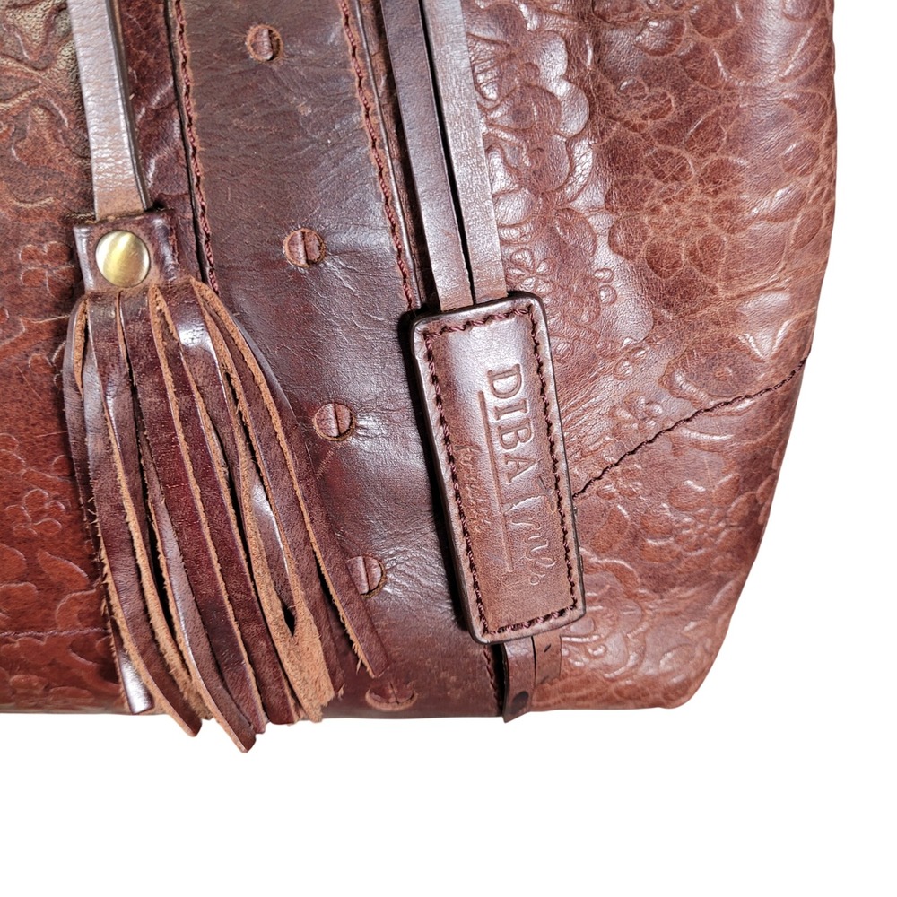 Diba True Floral Embossed Leather Large Shoulder Bag Brown Boho Tooled Tassel - Picture 4 of 16